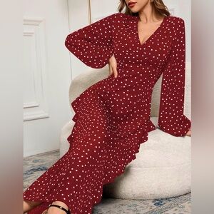 Elegant Red Polka Dot Dress. Armpit 19 inches
